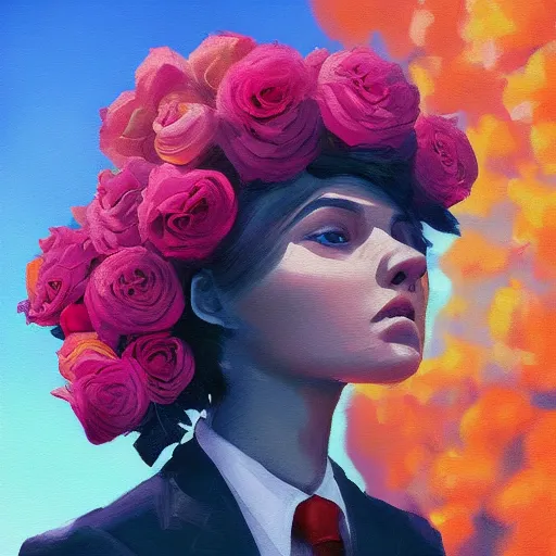 Image similar to closeup, big rose flower head, portrait, girl in a suit, surreal photography, sunrise, blue sky, dramatic light, impressionist painting, digital painting, artstation, simon stalenhag