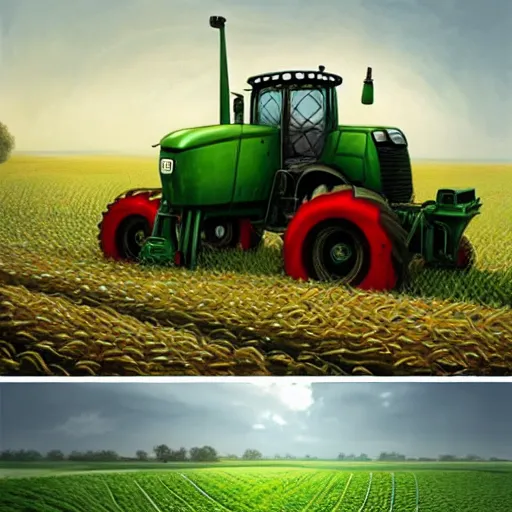 Prompt: huge green agricultural robot whit wheels in the corn field, sphere shape, robots, humanoid, farming, highly detailed digital painting, agricultural tractor, artstation, concept art, smooth, sharp focus, illustration, art by artgerm and greg rutkowski, unreal engine