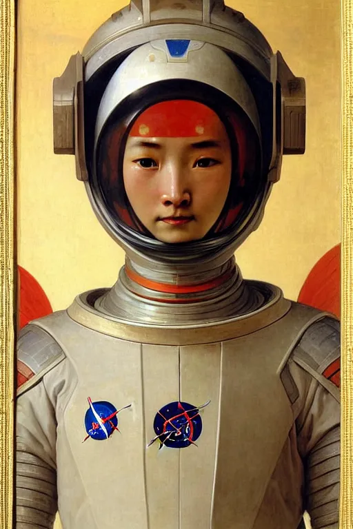 Image similar to portrait of a astronaut is a chinese dragon in armor and helmet, majestic, solemn, in space, by bouguereau