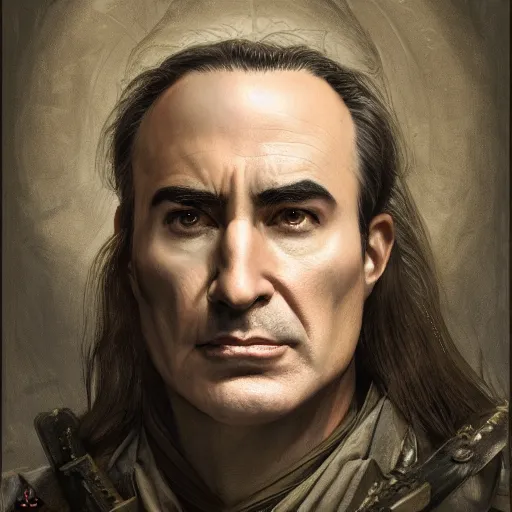 Image similar to portrait of stoic looking john oliver as vigo carpathian, military uniform, fantasy, intricate, elegant, highly detailed, centered, dark, smokey, charcoal painting, digital painting, artstation, concept art, smooth, sharp focus, illustration, art by artgerm and greg rutkowski and alphonse mucha