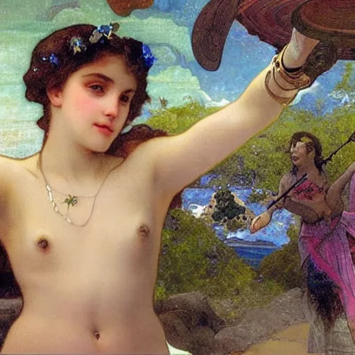 Image similar to Close up of the girl's chalice, refracted sparkles, thunderstorm, greek pool, beach and Tropical vegetation on the background major arcana sky, by paul delaroche, alphonse mucha and arnold böcklin, hyperrealistic 8k, award-winning, very very very detailed