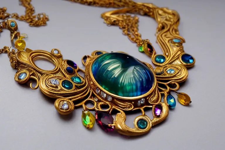 Image similar to highly detailed oil painting, front view, very realistic gemstones, art nouveau, ornate, delicate, brilliant precious gemstones necklace, necklace on display in an oval, dramatic light,