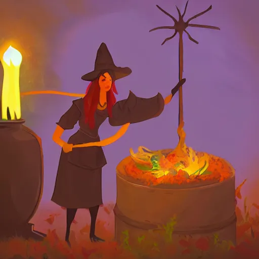 Image similar to a witch adding ingredients to her cauldron, concept art, ambient lighting lit only by the fires glow