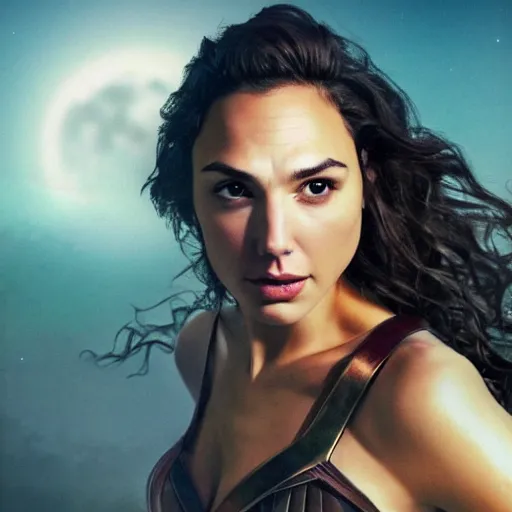 Prompt: Full body photo of the beautiful woman Gal Gadot as a female werewolf, she has a glow coming from her, she is getting ulluminated by the full moon, the photo was taking by Annie Leibovitz, matte painting, oil painting, naturalism, 4k, 8k