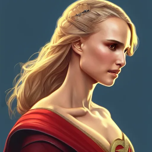 Image similar to Blonde Natalie Portman as Super Girl, western, D&D, fantasy, intricate, elegant, highly detailed, digital painting, artstation, concept art, matte, sharp focus, illustration, art by Artgerm and Greg Rutkowski and Alphonse Mucha