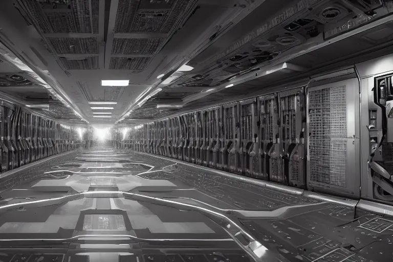 Image similar to parallax datacenter server room interior single mono colossus brown rusty robosaurus cyborg artstation cinematic detailed concept art sharp coherent cgsociety symmetric perfect well balanced shadows lotr supercomputer starwars