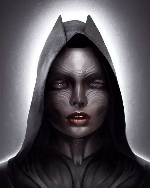 Prompt: closeup portrait, beautiful woman dark lord of the sith wearing a black hooded jedi cloak against a black background, white skin, dark eyes, rim light, volumetric lighting, concept art, smooth, sharp focus, arney freytag, glamour pose, soft ambient lighting, octane, 2 8 mm,