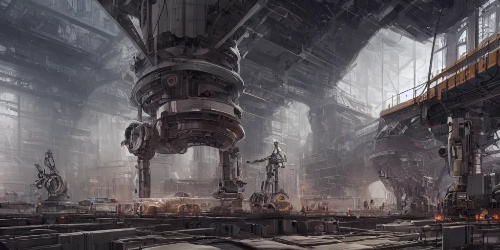 Prompt: mechanical robots inside giant industrial structure, style by dylan cole, digital art, matte painting, artstation, concept art