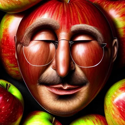 Image similar to apples arranged in the shape of a face resembling steve jobs, fantasy, intricate, elegant, highly detailed, lifelike, photorealistic, digital painting, artstation, illustration, smooth, sharp focus, art by giuseppe arcimboldo