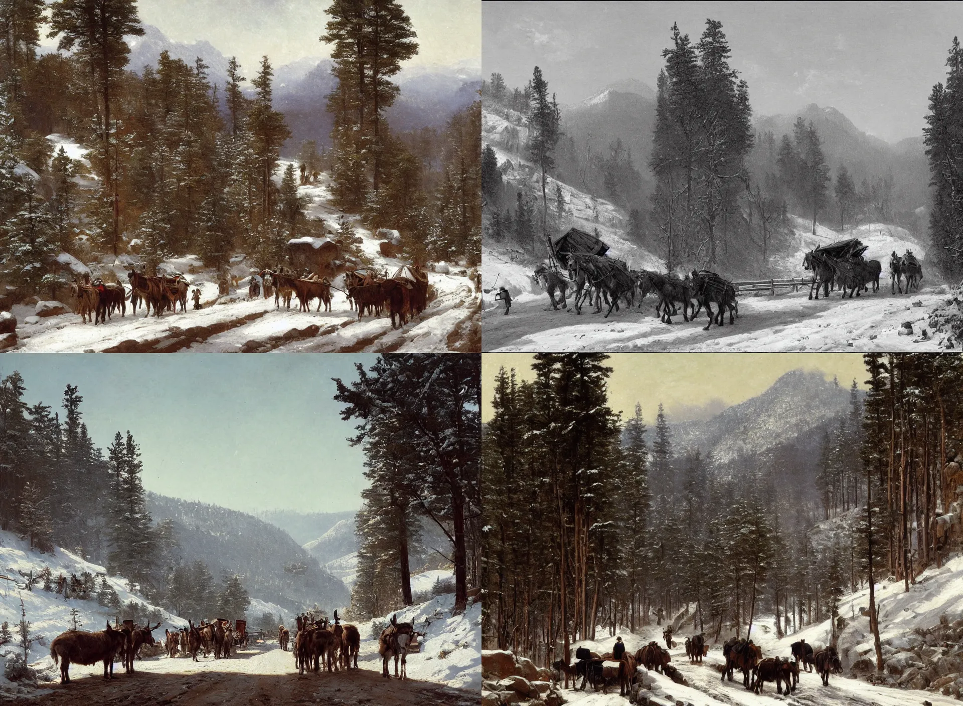 Prompt: miners walking in front of a donkey pulling a cart through a mountain pass, dusting of snow, pine forest, rail tracks, mine cart, albert bierdstadt