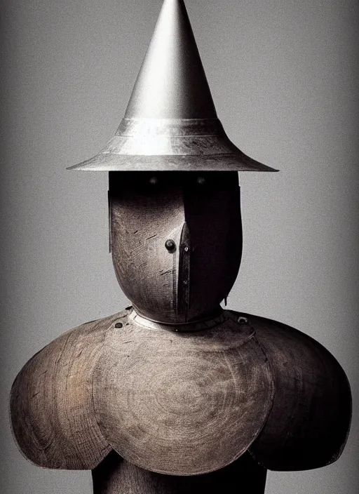 Image similar to realistic photo of a a scientist ritual monk medieval cone hat helmet made of wood, with plastic details detailed, covered in tesla electricity lasers aura, greyscale 1 9 9 0, life magazine photo, natural colors,