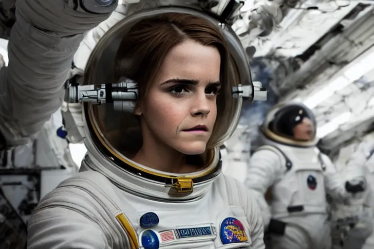 Image similar to medium shot of Emma Watson as an astronaut in Interstellar (2014 film), detailed face, movie still, promotional image, imax 70 mm footage