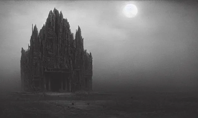 Prompt: a outside temple full of dark evil idol, landscape photograph taken by giger and beksinski and chaos and midnight sun and death fog and nightmare megacity