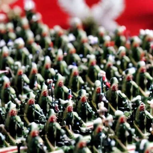 Prompt: army of toy soldiers on Christmas causing mayham and shooting guns towards