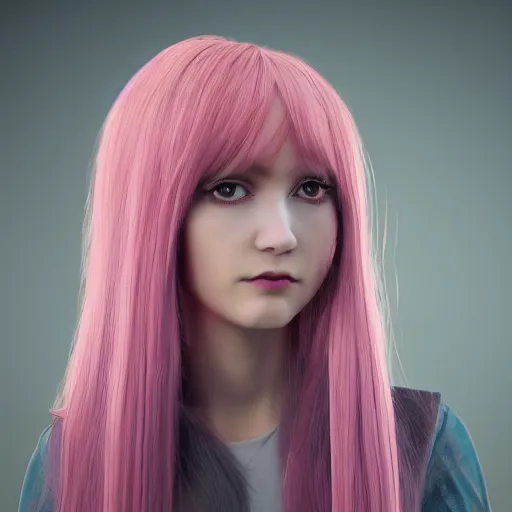 Image similar to A portrait of Nikki from Shining Nikki, a 3d cgi toon young woman with long pink hair, full bangs, amber eyes, pale skin, Chinese, medium shot, mid-shot, soft focus, 4k, trending on artstation