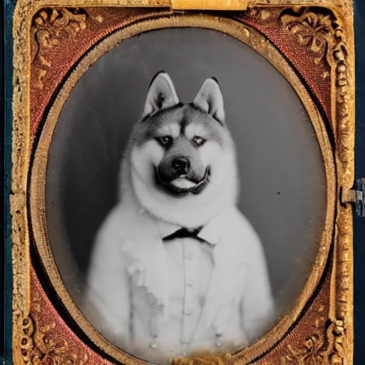 Image similar to daguerreotype photograph of an akita inu in fancy victorian dress