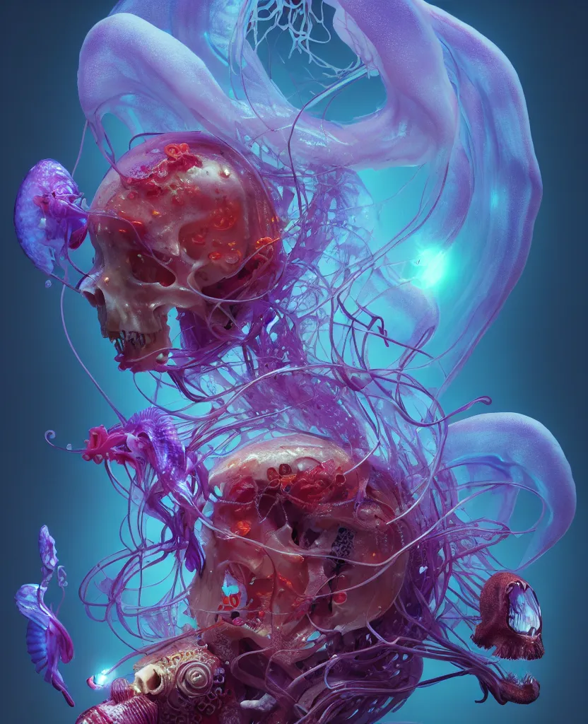 Image similar to human thorax, jellyfish phoenix head, nautilus, orchid, skull, betta fish, bioluminiscent creatures, intricate artwork by Tooth Wu and wlop and beeple. octane render, trending on artstation, greg rutkowski very coherent symmetrical artwork. cinematic, hyper realism, high detail, octane render, 8k