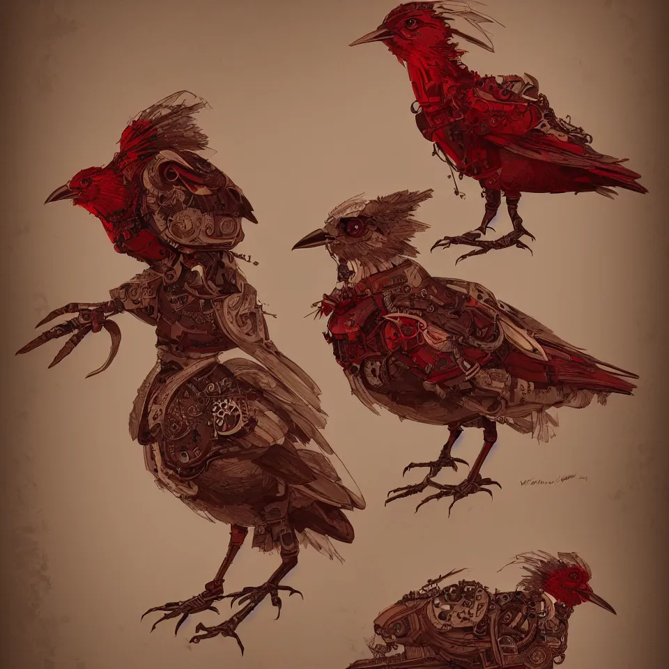 Prompt: a detailed concept art of a steampunk bird by miguel nogueira, gradient dark red, cream and white color scheme, dynamic lighting, cinematic, epic composition, masterpiece