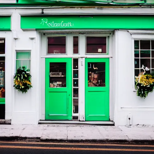 Image similar to A photo of a quaint flower shop storefront with a pastel green and clean white facade and open door and big window