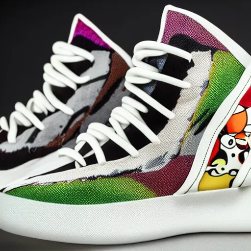 Image similar to Yeezy shoe design inspired by Takashi Murakami, product photography, sneaker photo, studio lighting, professional photoshoot