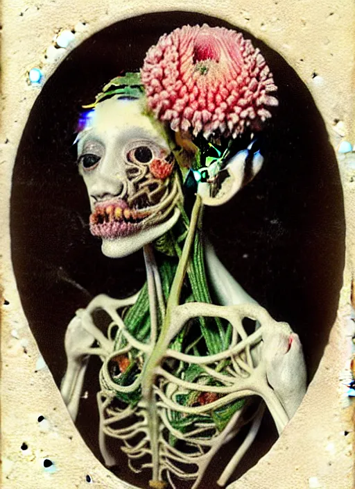 Image similar to beautiful and detailed rotten woman made of plants and many types of stylized flowers like carnation, chrysanthemum and tulips, anatomical, intricate, organs, ornate, surreal, john constable, guy denning, gustave courbet, caravaggio, romero ressendi 1 9 1 0 polaroid photo