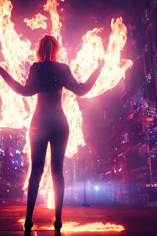 Image similar to young blonde woman from behind with flames dancing on her hands with a long jacket in a cyberpunk city, realistic, high definition, 4K, shimmering color, art of unreal engine 5