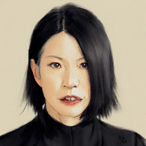 Image similar to Portrait of a woman by Greg Rutkowski, she is about 50 years old, japanese, black straight hair, attractive, elegant, airs of superiority, boss vibes, she is wearing white and black utilitarian jumpsuit, highly detailed portrait, scifi, digital painting, artstation, concept art, smooth, sharp foccus ilustration, Artstation HQ.