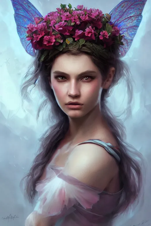 Image similar to portrait, beautiful flower Fairy, face portrait, raphael lacoste, eddie mendoza, alex ross, concept art, matte painting, highly detailed, rule of thirds, dynamic lighting, cinematic, detailed, denoised, centerd