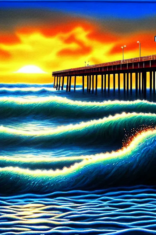 Prompt: a hyperrealistic painting of a sunset pier with waves crashing, cinematic horror by jimmy alonzo, the art of skinner, chris cunningham, lisa frank, richard corben, highly detailed, vivid color,