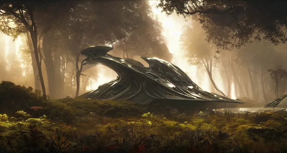 Image similar to Retro futuristic Sci-Fi space forest scene, Giant Aztec spaceship, volumetric light, fog, dusk lighting, intricate details ,by denis villeneuve, Ridley Scott, Greg Rutkowski and Alphonse Mucha