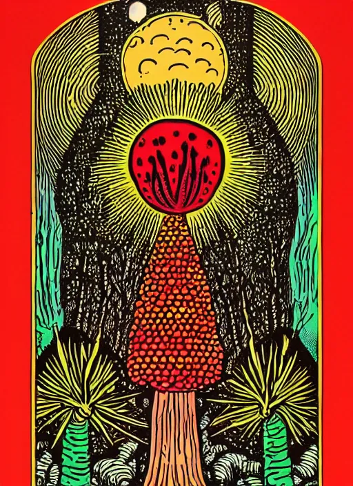 Image similar to tarot card designed by charles burns, painted with oil paint, depicting amanita muscaria, ritual, dmt space, intricate, ornate