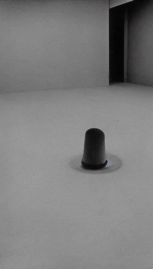 Prompt: a readymade by Marcel Duchamp in a vast empty room, everyday plain object, vintage film stock