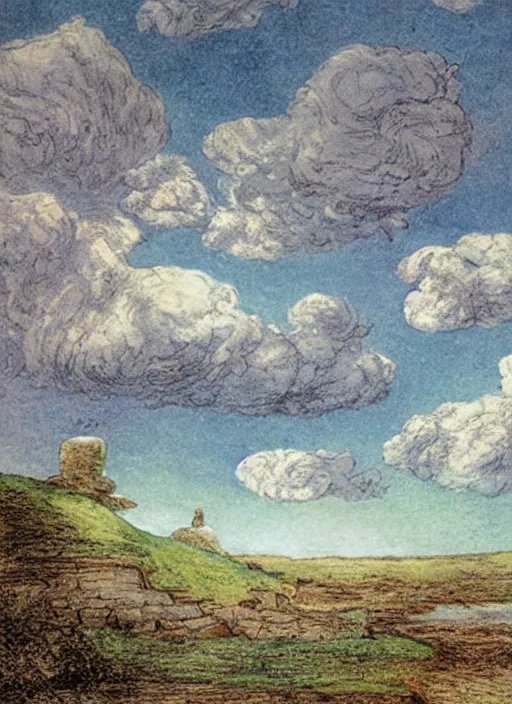 Image similar to sky split in 2, surrounded by light clouds, landscape, illustrated by peggy fortnum and beatrix potter and sir john tenniel