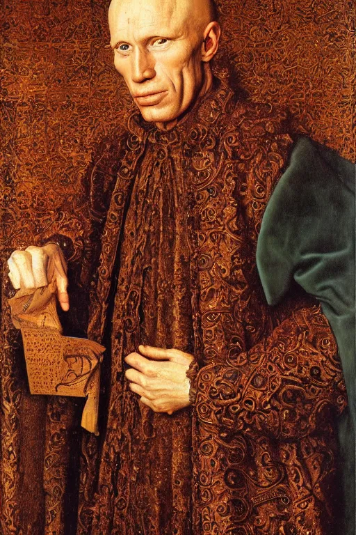 Image similar to portrait of ed harris, oil painting by jan van eyck, northern renaissance art, oil on canvas, wet - on - wet technique, realistic, expressive emotions, intricate textures, illusionistic detail