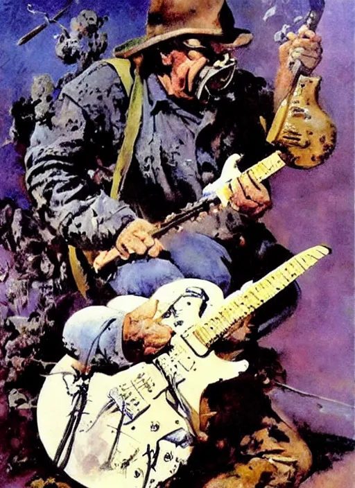 Prompt: Wilford Brimley shredding on an electric guitar, painting by Frank Frazetta