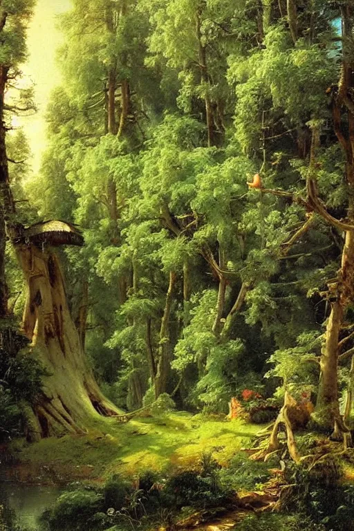Prompt: oil painting of a fantasy treehouse by ivan shishkin and aivazovsky, highly detailed, masterpiece