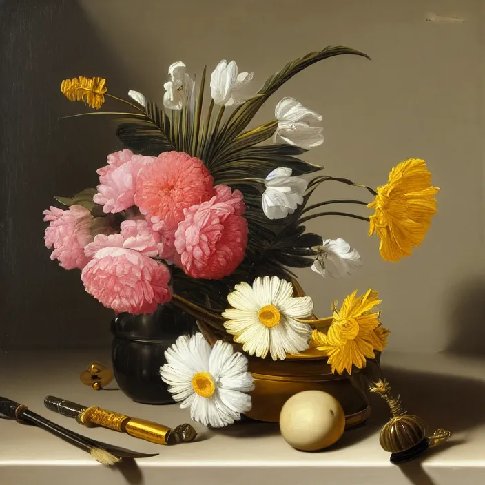 Image similar to still life painting of a beautiful bouquet of flowers by pieter claesz, palm trees in the background, oil on canvas, strong lighting, highly detailed, hyper realism, golden hour, god rays, hd, 4 k