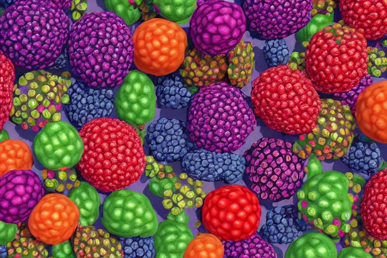 Prompt: super detailed color art, a lot of small berries, A multiverse of berries and flowers, unreal engine, wes anderson color palette, 3d render, colorful, digital art