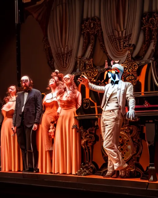 Image similar to hyperrealistic neobaroque mechanical people singing on an art deco stage santiago caruso uhd dramatic orange light 8k low angle shallow depth of field