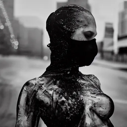 Image similar to beautiful female body silhouette, beautiful acrylic fluid portrait, photography by amy leibowitz and filip fedorov, black latex female balaclava, female calendar, ballerina body painted with black fluid, urban city photography, close up portrait, cinematic still, film still, magic hour, dark mood, fashion portrait, cold colors, long exposure, bokeh