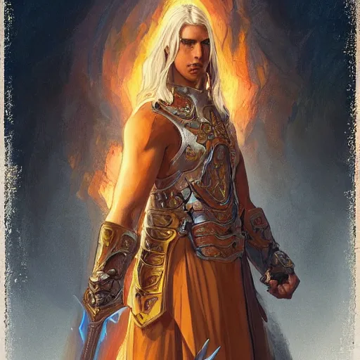 Prompt: portrait of an aasimar paladin blond young man with amber eyes wielding his flaming blade, strong, sofisticated, fantasy, highly detailed, digital painting, artstation, concept art, character art, art by greg rutkowski and tyler jacobson and alphonse mucha