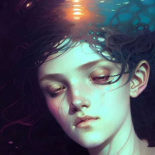 Prompt: Portrait of a girl underwater surrounded by light rays, face, fantasy, intricate, elegant, highly detailed, digital painting, artstation, concept art, smooth, sharp focus, illustration, art by Krenz Cushart and Artem Demura and alphonse mucha