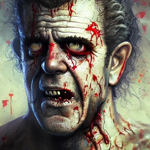 Image similar to a zombie Mel Gibson, by WLOP, horror, wounds, bloody, dark fantasy, trending on artstation