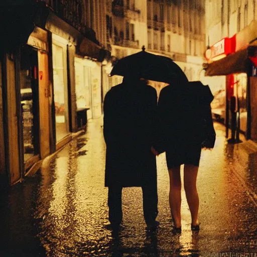 Image similar to street of paris photography, night, rain, mist, lovers holding hands, cinestill 8 0 0 t, in the style of william eggleston