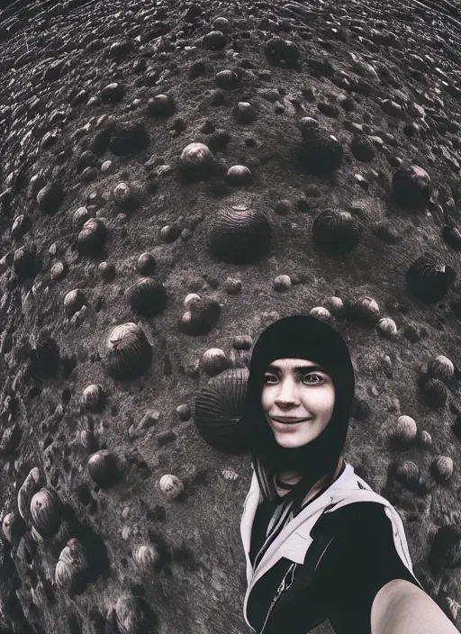 Image similar to front camera instagram selfie of a woman who is stood infront of an alien invasion of the earth, highly detailed, 4k