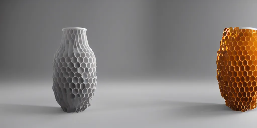 Image similar to honeycomb asymmetric melting big vase, on white background, 8k resolution, best color graded, vray beautiful, subsurface scatter, hyper-realistic render, octane render