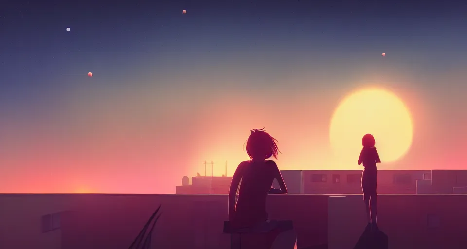 Prompt: Girl on the roof watching the Saturn sunset in the twilight, volumetric lighting, glowing lights, 4k, octane, digital painting, pixiv, by Aenami