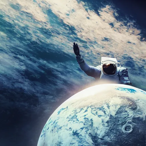 Prompt: photo of dying astronaut floating in sky over ocean, moody, atmospheric, 8k, unreal engine render, hyper realistic, sci fi