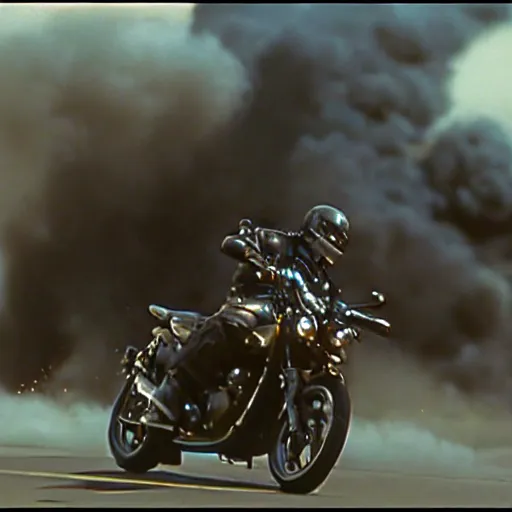 Prompt: film still from the 'Epic Action Movie' (1995). Exciting action scene of a motorcycle and explosions. Sigma 85mm f/8