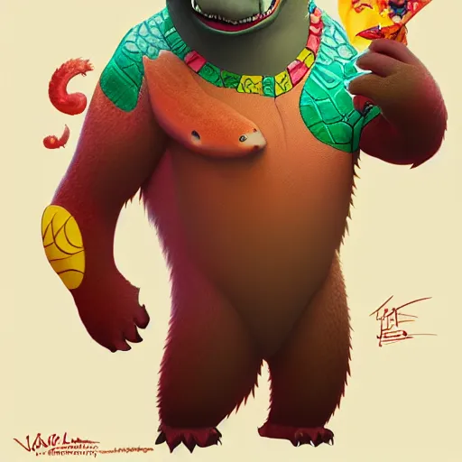 Image similar to in the style of artgerm, loish and ross tran, anthropomorphic alligator, red scales on his back, yellow scale on his belly and chest, male, waring a hawaiian shirt, in the style of zootopia